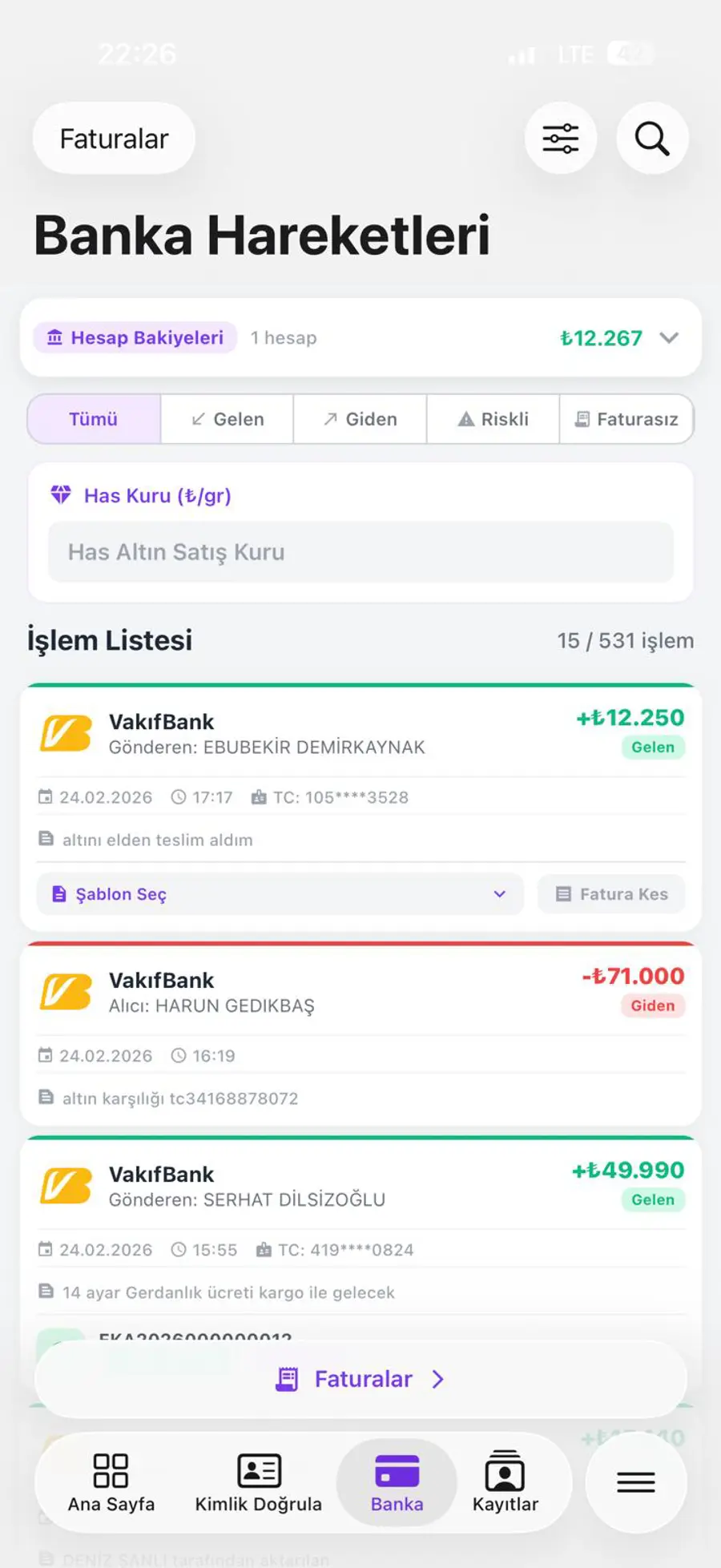 EksenGOLD Banka modülü