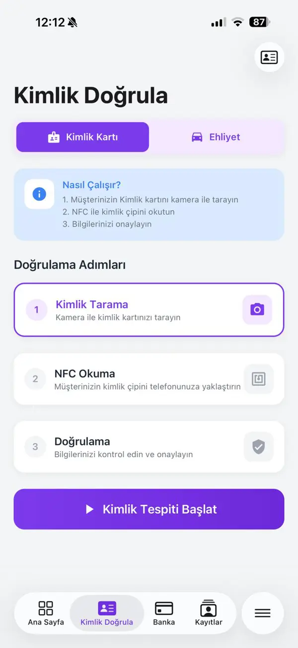 Mobil uygulamada müşteri kimlik doğrulama ekranı