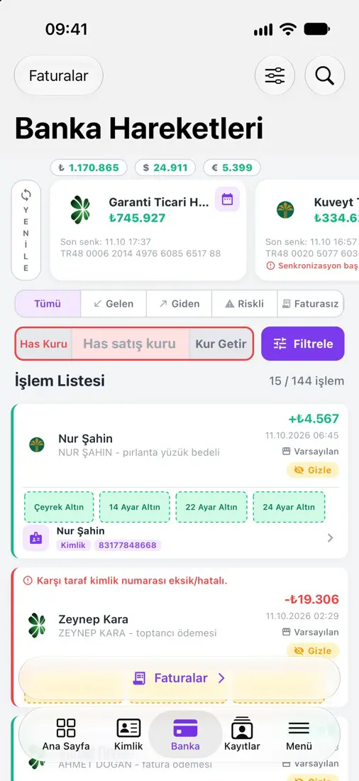EksenGOLD mobil uygulamasında banka hareketleri listesi