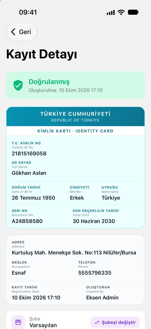 Mobil uygulamada tamamlanmış kimlik tespiti kaydının detayı