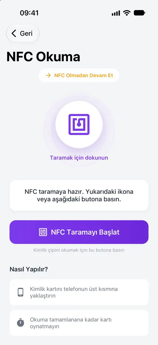 Mobil uygulamada NFC okuma: kimlik kartının çipi telefonla okunmaya hazır