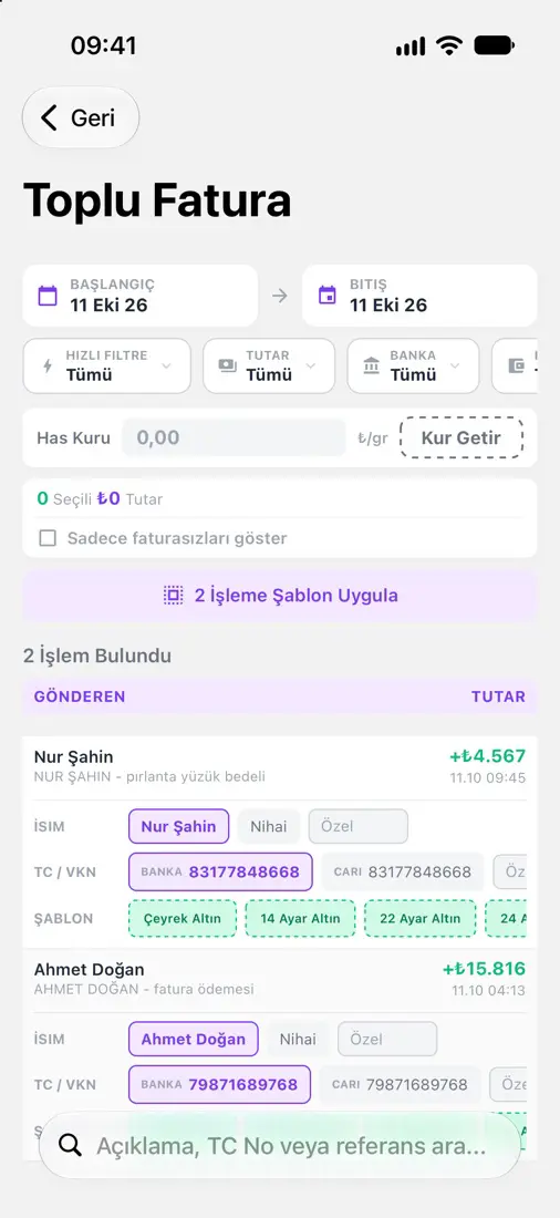 EksenGOLD mobil uygulamasında Toplu Fatura: havaleler, gönderen TCKN ve şablon seçimi